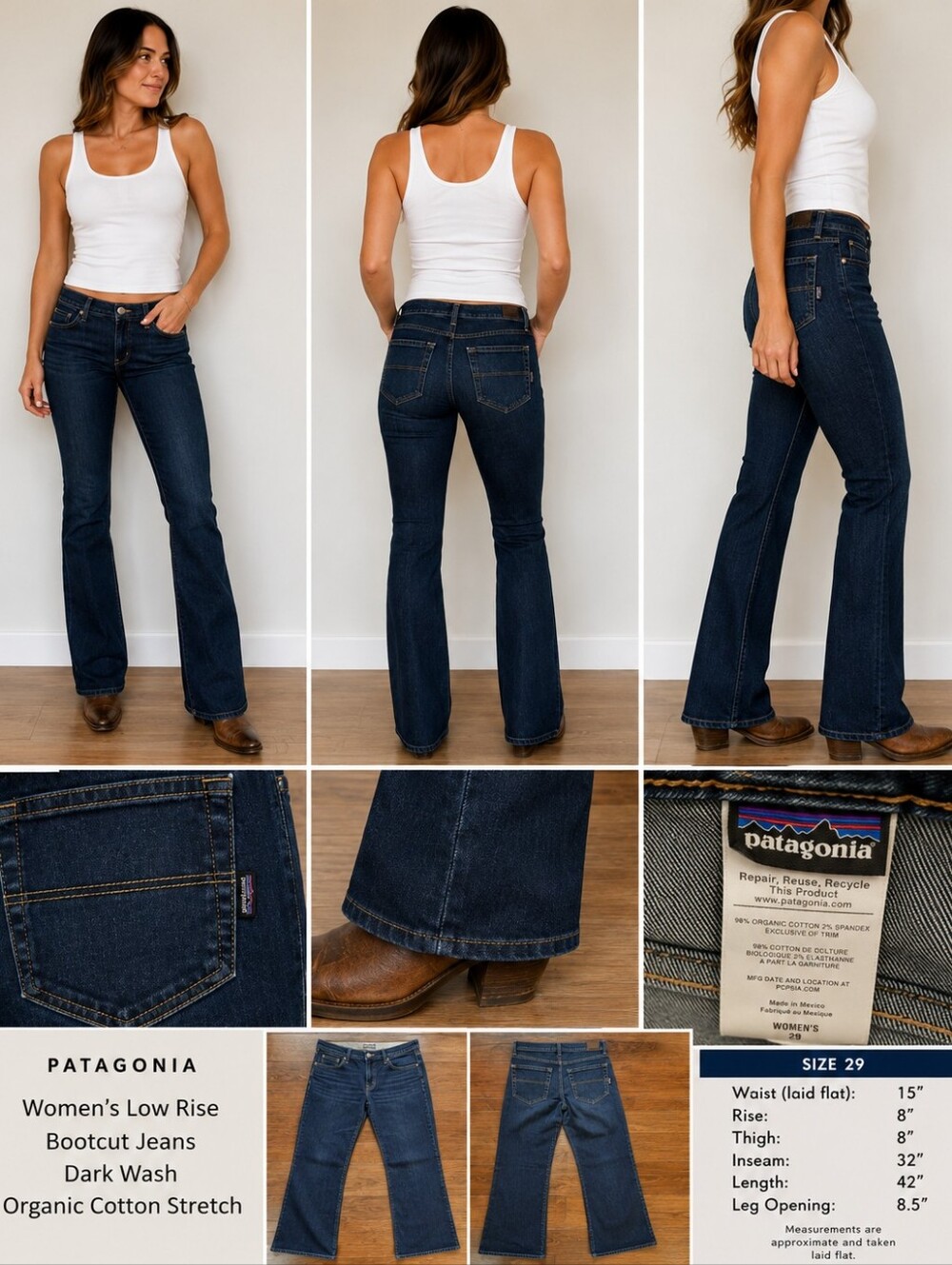 Patagonia Women's Low Rise Bootcut Jeans 29/8 Dark Wash Organic Cotton Stretch